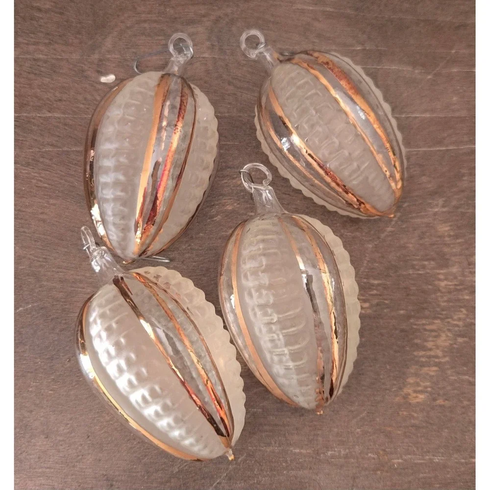 4 Vintage Glass Christmas Ornaments Frosted White Copper Stripe Teardrop